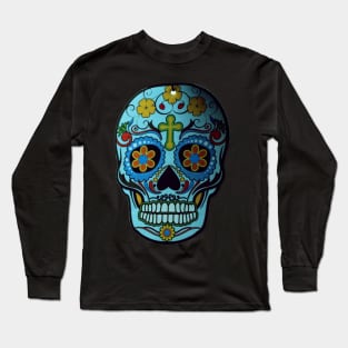 Blue Flowery Sugar Skull Long Sleeve T-Shirt